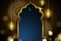 an ornate gold and blue background with hanging lanterns, lights and a crescent shaped window