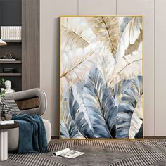 Abstract Blue Golden Palm Banana Leaves Nordic Canvas Prints Wall Art For Modern Scandinavian Pastel Living Room Bedroom Refresh Plant Canvas Painting, Yellow Flower Art, Leaves Poster, Framed Flower Art, Interior Home Decor, Pictures For Living Room, Nordic Poster, Painting Still Life