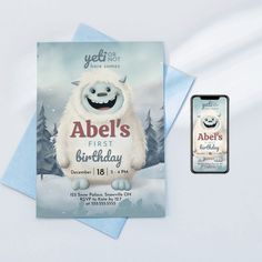 Yeti to Party First Birthday Invite by Birchmark Designs Yeti Birthday Party, Yeti Birthday, Yeti To Party, The Abominable Snowman, Winter Birthday Party, Snowman Party, First Birthday Invite, Winter Birthday Parties, Mobile Editing