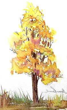 a watercolor painting of a tree with yellow leaves in the foreground and grass on the ground