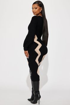 Available In Black/combo. Sweater Maxi Dress Long Balloon Sleeves Deep V-Neck Stretch Length= 49" Disclaimer Pattern Placement May Vary 100% Acrylic Imported | Daniella Sweater Maxi Dress in Black size 3X by Fashion Nova Modest Outfits For Women, Long Dress With Boots, Winter Sweaters For Women, Modest Style, Sweater Maxi Dress, Maxi Dress Long, Fall Winter Wardrobe, Classy Casual, Midi Maxi Dress