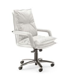 an office chair with white leather upholstered on the back and armrests