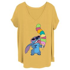 Embrace the charm of Disney's beloved blue alien with the Women's Lilo & Stitch Ice Cream Lover Stitch T-Shirt. This delightful ochre-colored tee is a must-have for any fan of the heartwarming film.

- Color: Ochre
- Size: 2X
- Material: Cotton blend
- Gender: Female
- Age Group: Adult

Featuring a vibrant graphic of Stitch indulging in an ice cream cone, this V-neck t-shirt captures the whimsical spirit of Experiment 626. It's an officially licensed piece that combines comfort with the playful, Summer Disney T-shirt Relaxed Fit, Disney Cartoon Print Relaxed Fit Tops, Summer Cartoon Print Tops For Disney Fan Events, Relaxed Fit Disney Cartoon Print Tops, Relaxed Fit Character Print Tops For Disney Fans, Casual T-shirt For Disney Fan Events In Summer, Relaxed Fit Short Sleeve Tops For Disney Fan Events, Multicolor Cartoon Print Tops For Disney Fan Events, Fun Tops With Funny Print For Disney Fan Events