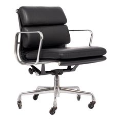 an office chair with black leather upholstered on the back and chrome frame base