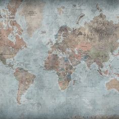 an old world map is shown on a wall with faded paint and grungy paper