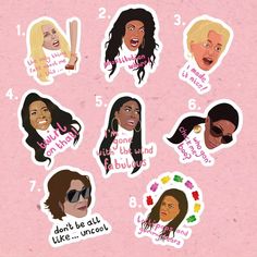 stickers with different types of women's hair and sayings in pink background