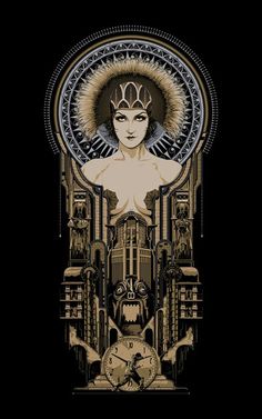 the poster for metropolis is shown in gold and black