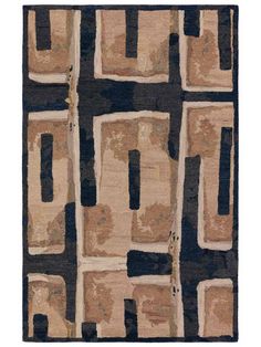 an area rug with squares and rectangles in blue, beige and brown colors