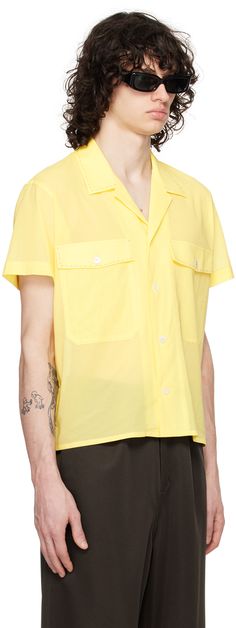 Semi-sheer plain-woven cotton shirt. · Open spread collar · Button closure · Flap pockets · Cropped hem · Contrast stitching in black Supplier color: Canary yellow Resort Shirt, Layered Shirts, Cropped Shirt, Canary Yellow, Plain Shirts, Camping Shirt, Crop Shirt, Contrast Stitch, Cotton Flannel