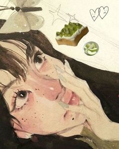 a painting of a woman laying down next to some food