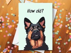 a card with an image of a dog on it and confetti around it