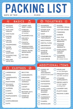 the packing list is shown in red and blue, with instructions to keep your belongings organized