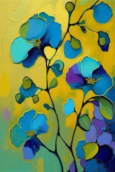 a painting of blue flowers on a yellow background