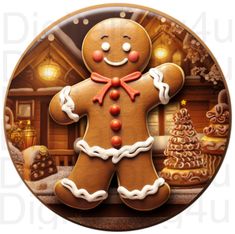 a gingerbread man is standing in front of a christmas scene on a plate with lights