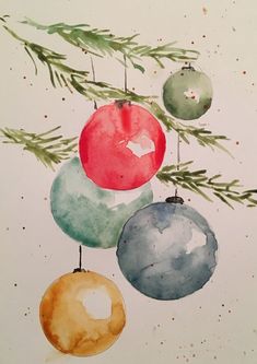 a watercolor painting of ornaments hanging from a christmas tree branch with pine needles on it