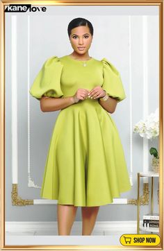 Round Neck Chic Puff Sleeve Slim Waist Swing A-line Dress Good Stretches, Dress Design, Slim Waist, Midi Dresses, The Church, A Line Dress, Puff Sleeve, Trendy Fashion, Daily Wear