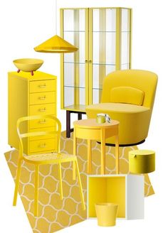 a room with yellow furniture and accessories in it, including a chair, table, cabinet, lamp, vase, and other items