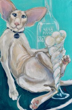 an acrylic painting of a cat with a bottle on it's back