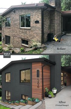 before and after photos of a brick house with wood sidings on the side, and in the front