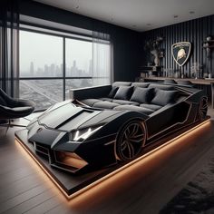 a futuristic car bed in the middle of a room with a large window and city view