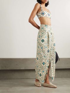 AGUA BY AGUA BENDITA + NET SUSTAIN embellished printed linen maxi skirt | NET-A-PORTER Beaded Maxi Skirt, Linen Maxi Skirt, Beautiful Prints, Printed Linen, Beauty Sets, Jeans Dress, Floral Motif, Women Collection, Denim Dress