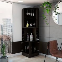 a corner shelf with bottles and glasses on it next to a chair in front of a window