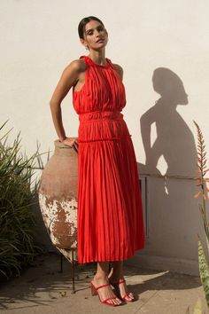 This pleated dress can't help but impress. The shoulder-baring halter style flatters with double-tie detailing and a nipped-in waist. Easygoing yet elegant. •Halter neckline •Double-tie detailing •Pleated •Elasticized waist •Mid-length hem Item Number: 99573 Summer Red Midi Dress With Pleated Bodice, Red Pleated Summer Dress, Summer Orange Pleated Midi Dress, Summer Pleated Midi-length Belted Dress, Red Pre-draped Dress With Pleated Bodice, Halter Midi Dress, Red S, Coral Red, Halter Style