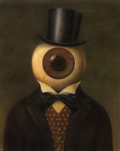 a painting of a man with an eyeball in his hat and tie, wearing a top hat