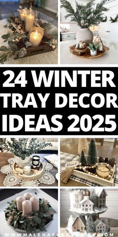 winter tray decorating ideas Winter Tray Decor, Winter Tray, Tray Decor Ideas, Cozy Winter Vibes, Ceramic Snowman, White Candle Sticks, Cabin Aesthetic, Winter Centerpieces