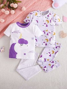 Baby Girl Snug Fit Unicorn & Striped Pattern Colorblock Neckline Short Sleeve Long Pants Knitted, Skin-Friendly And Comfortable 4pcs Homewear Pajama Set Mauve Purple   Short Sleeve Knitted Fabric Animal,Geometric,Graphic  High Stretch  Baby Girls Clothing, size features are:Bust: ,Length: ,Sleeve Length: Purple Shorts, Fabric Animals, Girls Pajamas, Kids Beachwear, Girls Clothing, Baby Sets, Long Pants, Maternity Bag