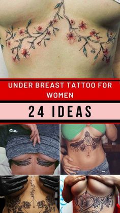 the back of a woman's stomach with tattoos on it, and four pictures of her