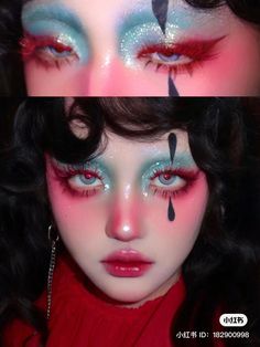 Red Blue Makeup Looks, Makeup Ideas Colourful, Cute Drag Makeup, Makeup Ideas Creative Inspiration, Colourful Editorial Makeup, Hot Glue Tears Makeup, Drag Looks Make Up, Extra Makeup Ideas, Geometric Makeup Looks