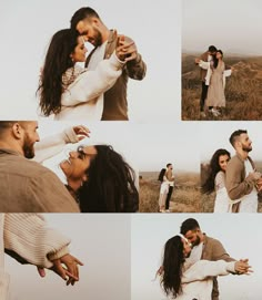 a man and woman standing in the middle of a field with their arms around each other