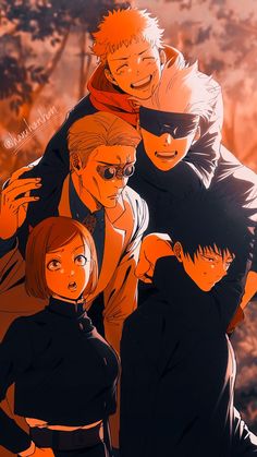 some anime characters are standing together in front of an orange background with trees and bushes