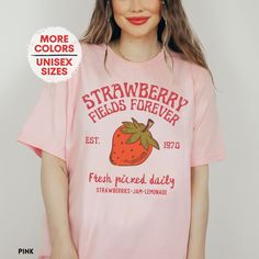 🧵- This is a classic unisex jersey short sleeve tee made to order specially for you!. There are no side seams which ensures a clean flow. The solid colors such as white are 100% cotton. Heather colors are 52% cotton , and ash is 99% cotton 1% polyester. 🫧 - Care and wash instructions: bleach as needed, Do not iron, do not dry clean, machine wash cold (max 30c or 90F), do not tumblr dry. - Any rolled sleeves in pictures are styled that way, the sleeves do not already come rolled naturally. 🖨 - The ink is printed directly into the fabric. Since the ink is not sitting on top of the fabric , the design will not chip or peel. - For size guide please look at listing photos for the size chart. 👚👕 - These shirts are unisex, For a more fitted look we recommend sizing down 1 size. For a more lo Pink Short Sleeve Shirt With Strawberry Print, Cute Strawberry Print Shirt For Spring, Pink Strawberry Print Shirt For Summer, Pink Strawberry Print Shirt For Spring, Pink Strawberry Print Summer Shirt, Summer Pink Shirt With Strawberry Print, Cute Pink Shirt With Strawberry Print, Sweet Strawberry Print Short Sleeve T-shirt, Sweet Short Sleeve Tops With Fruit Print