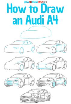 how to draw an audi at book cover with four different cars in blue and white