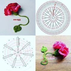 crochet flowers are shown in four different pictures, one is pink and the other is green