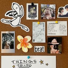 a bulletin board with pictures and magnets on it