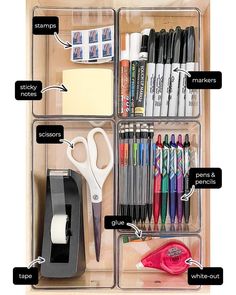 an organized drawer with markers, pens, scissors and other items labeled in the drawers