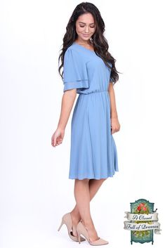 The Claire modest bridesmaids dress has been very popular at our store. This one is Blue color. Flutter sleeves, gathered at the waist and so comfortable fabric. Great for plus size and is low price. #modeststyle   #modestoutfits #churchfashion #apostolicfashion #modestblogger #modestishottest #churchoutfit #modestbridesmaids #ldsfashion #mormongirl #modernmodesty #modestmom #modernmodest #modestia #churchlook Elegant Light Blue Flowy Dress, Spring Light Blue Flowy Chiffon Dress, Light Blue Flowy Chiffon Dress, Flowy Blue Chiffon Dress For Spring, Blue Knee-length Chiffon Dress, Blue Chiffon Mini Dress For Spring, Modest Light Blue Summer Dress, Blue Short Sleeve Chiffon Dress For Spring, Light Blue Chiffon Mini Dress For Spring