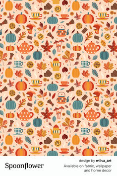 an autumn pattern with pumpkins, leaves and other things on the background is shown