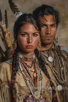 an oil painting of two people dressed in native american clothing