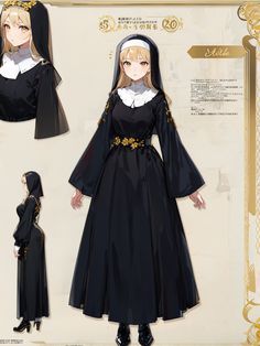 an anime character is wearing a black dress and bonnet with gold accents on her head