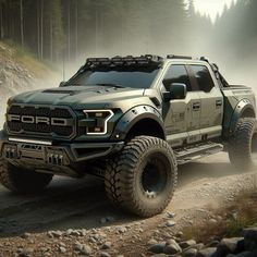 a green truck driving down a dirt road next to rocks and pine trees in the background