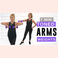 two women doing exercises with dumbbells in front of a white brick wall text reads 7 min toned arms weights