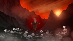 an animated scene with skeleton skeletons in the foreground and a red sky behind them