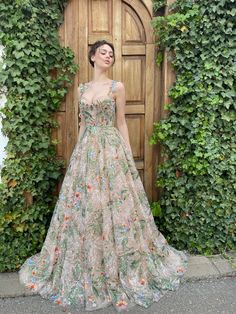 Enchanted Forest Gown, Teuta Matoshi Dresses, Forest Foliage, Forest Dress, Corset Gown, Theme Dress, Embroidered Lace Fabric