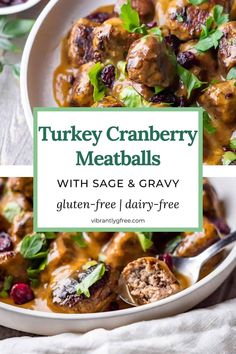 turkey cranberry meatballs with sage and gravy in a white bowl