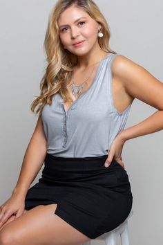 This top is perfect for pairing with our lightweight cardigans when the weather gets breezy at night or pair it with our boyfriend jeans for casual look. You can't go wrong with this tank as it can be worn with almost anything for any season of the year. Designed in sleeveless relaxed fit with low V neckline, 4 button down closure on the center front and finished with clean hem. Super soft! SIZE S: Length from HPS to hem is 26" with 16 1/4" on bust. 94% Rayon, 6% Spandex The Perfect Girl, Seasons Of The Year, Some Girls, Dove Grey, Lightweight Cardigan, Grey Top, Girls Night Out, Girls Night, Boyfriend Jeans