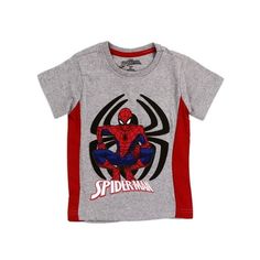 Toddler boys' graphic tee features Marvel's Spider-man. T-shirt is crewneck and tagless and has red side stripes. In gray. 60% Cotton/40% Polyester. Machine washable. Imported. Size: 4T.  Gender: male. Colorful Spider, Boys Graphic Tee, Red Tee, Kids Clothes Boys, Marvel Spiderman, Side Stripe, Boys Shirts, Toddler Boys, Boy's Clothing